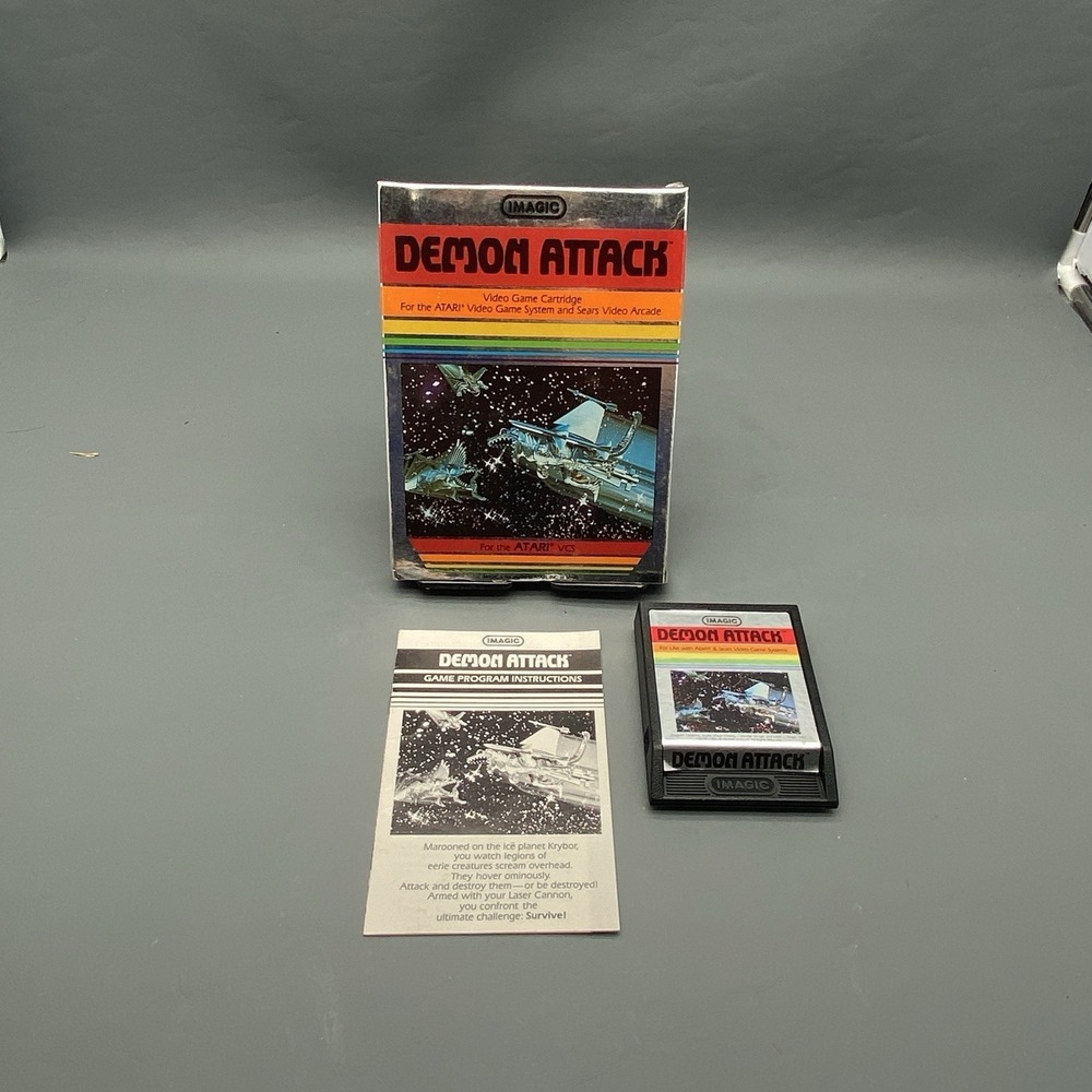 Demon Attack (Atari 2600, 1982) Box, Cartridge, Instructions